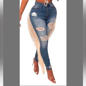 Lucuna Bodycon Jeans Side Tassel Stretch Denim Distressed Jeans women XXXL